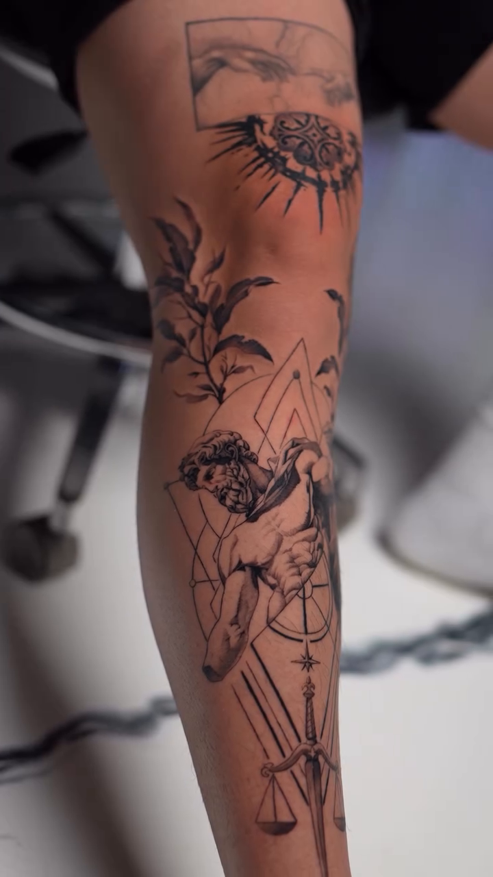 Tattoo by @d.vancasso.ink — illustrative, geometric
