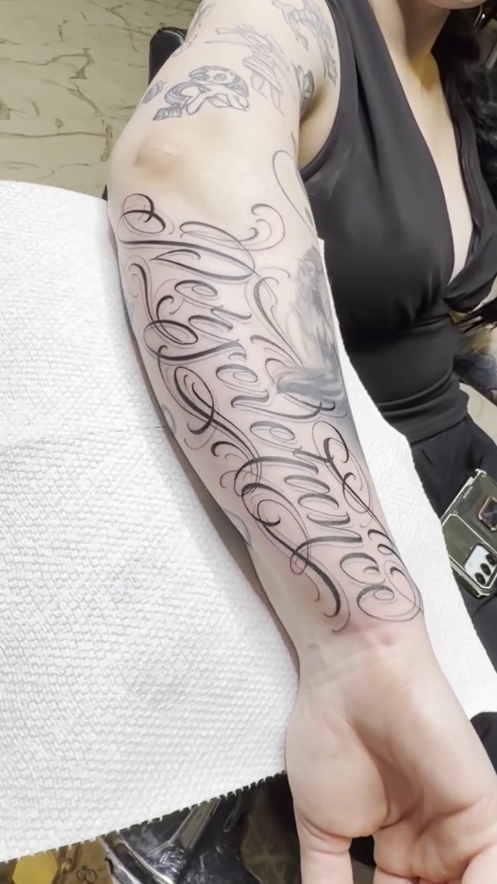 Tattoo by @scriptinator — lettering_script, black_and_grey