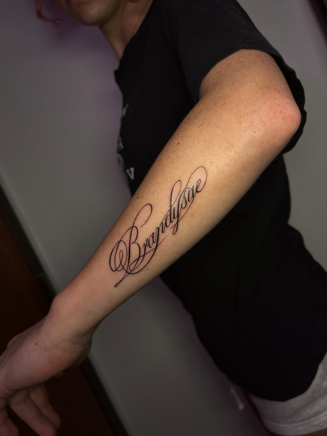 Tattoo by @tattedbymk — lettering_script, fine_line