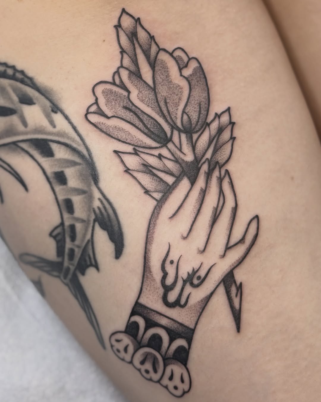 Tattoo by @fleabagtattoos — chicano, black_and_grey