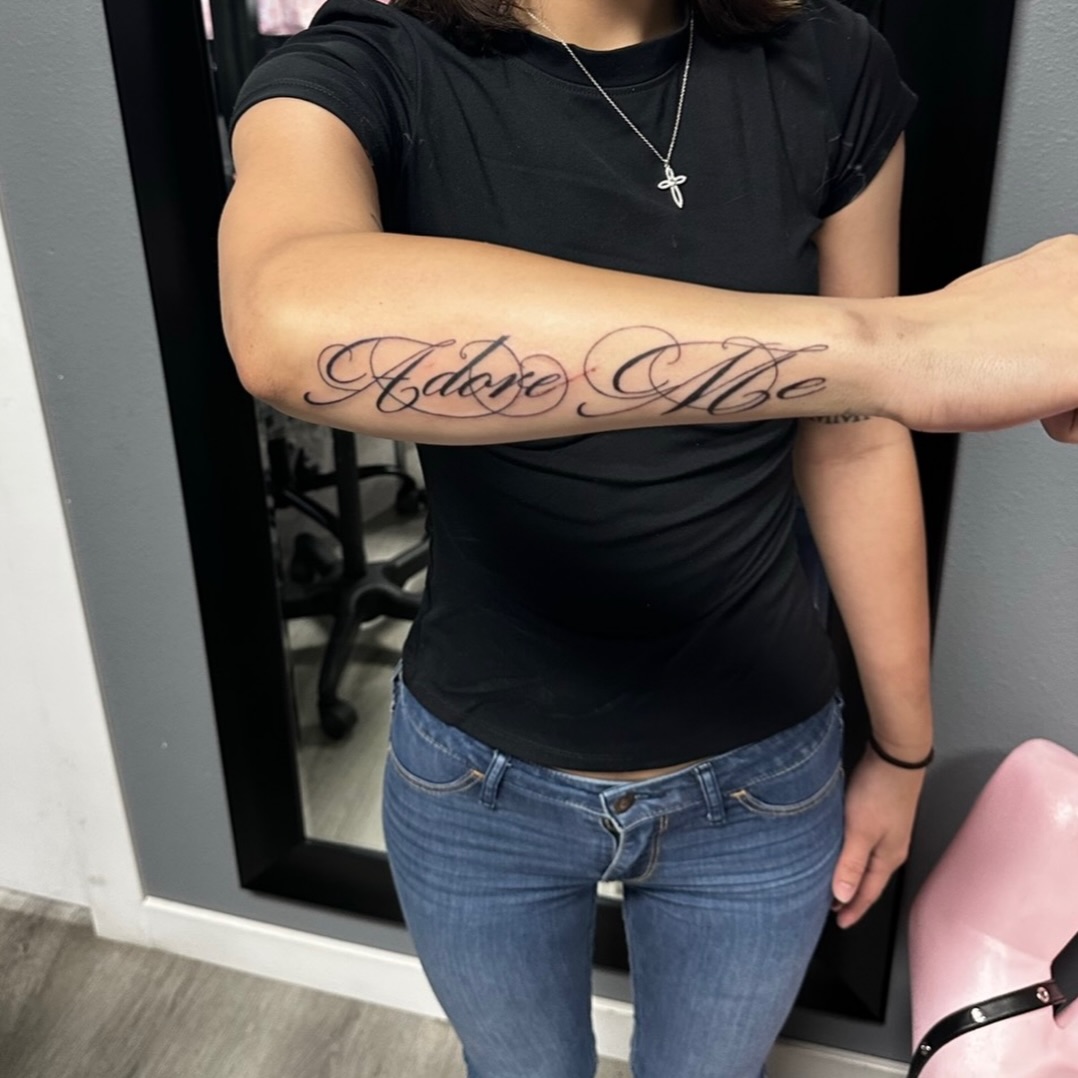 Tattoo by @lupita_inkk — lettering_script, fine_line