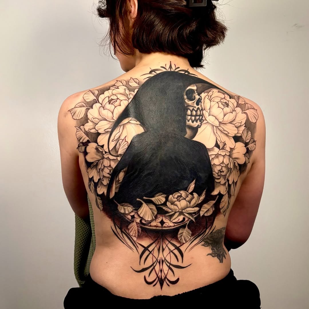 Tattoo by @thora_lorelei — blackwork, black_and_grey