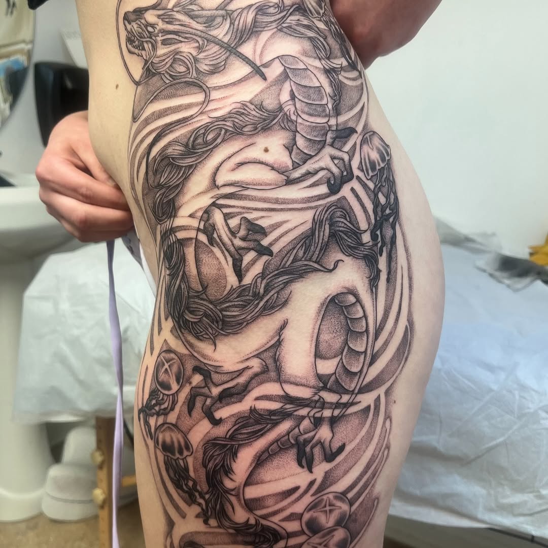 Tattoo by @thora_lorelei — japanese_irezumi, dotwork
