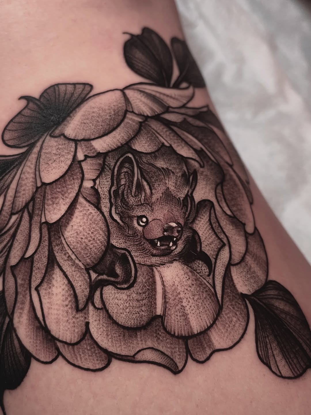 Tattoo by @charlotte.e.tattoos — dotwork, black_and_grey