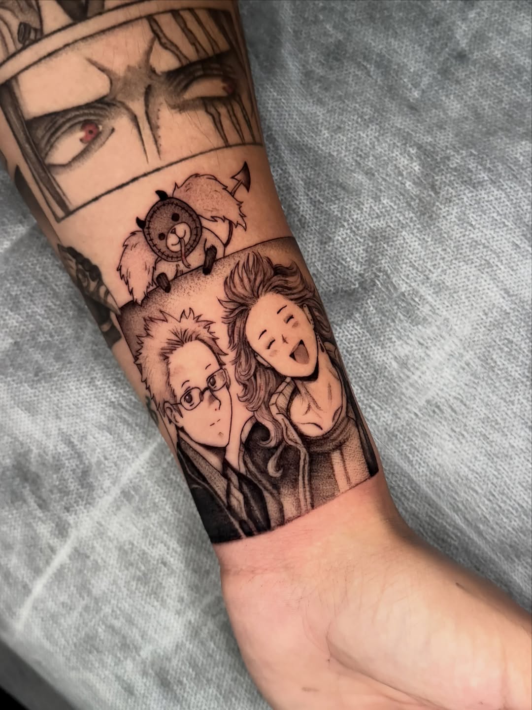 Tattoo by @hackytats — anime, black_and_grey