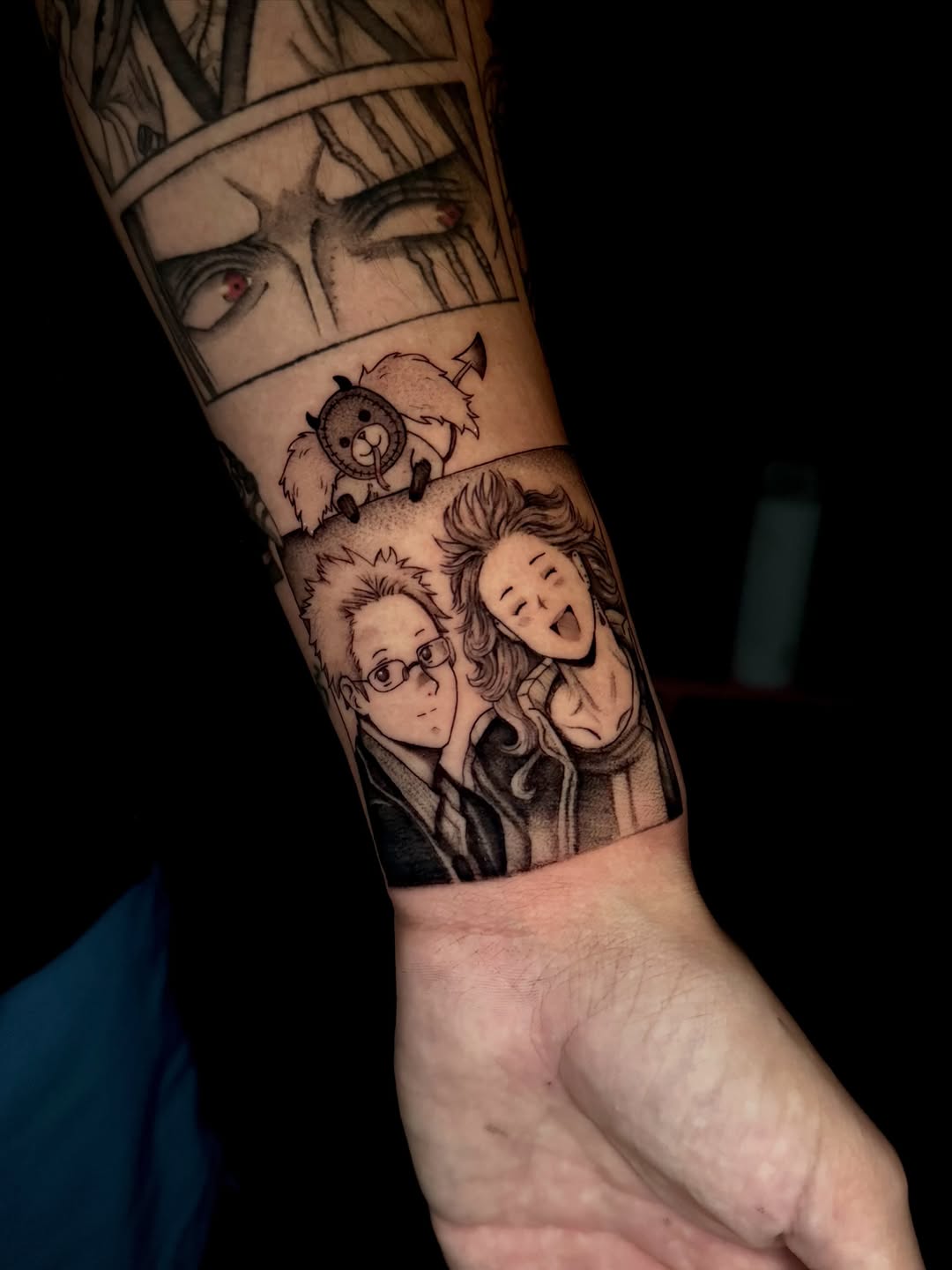 Tattoo by @hackytats — anime, black_and_grey