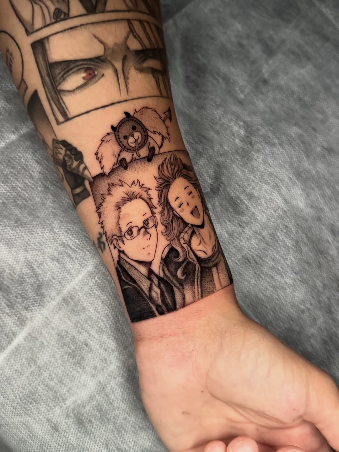 Tattoo by @hackytats — anime, black_and_grey