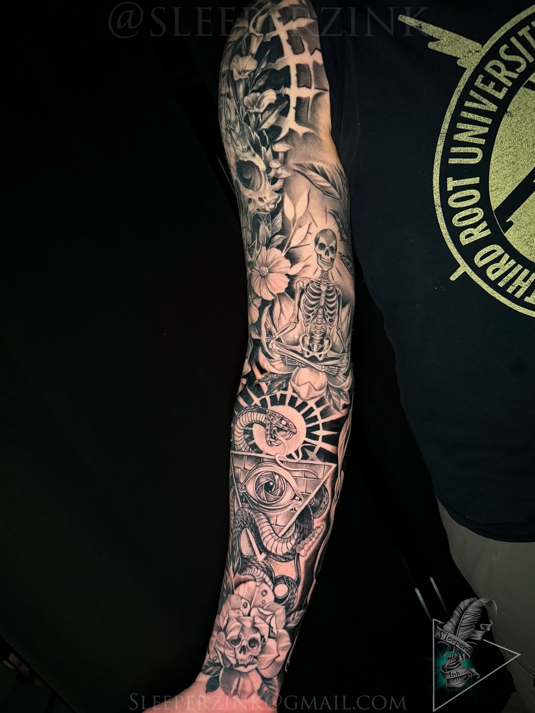 Tattoo by @sleeperzink — black_and_grey