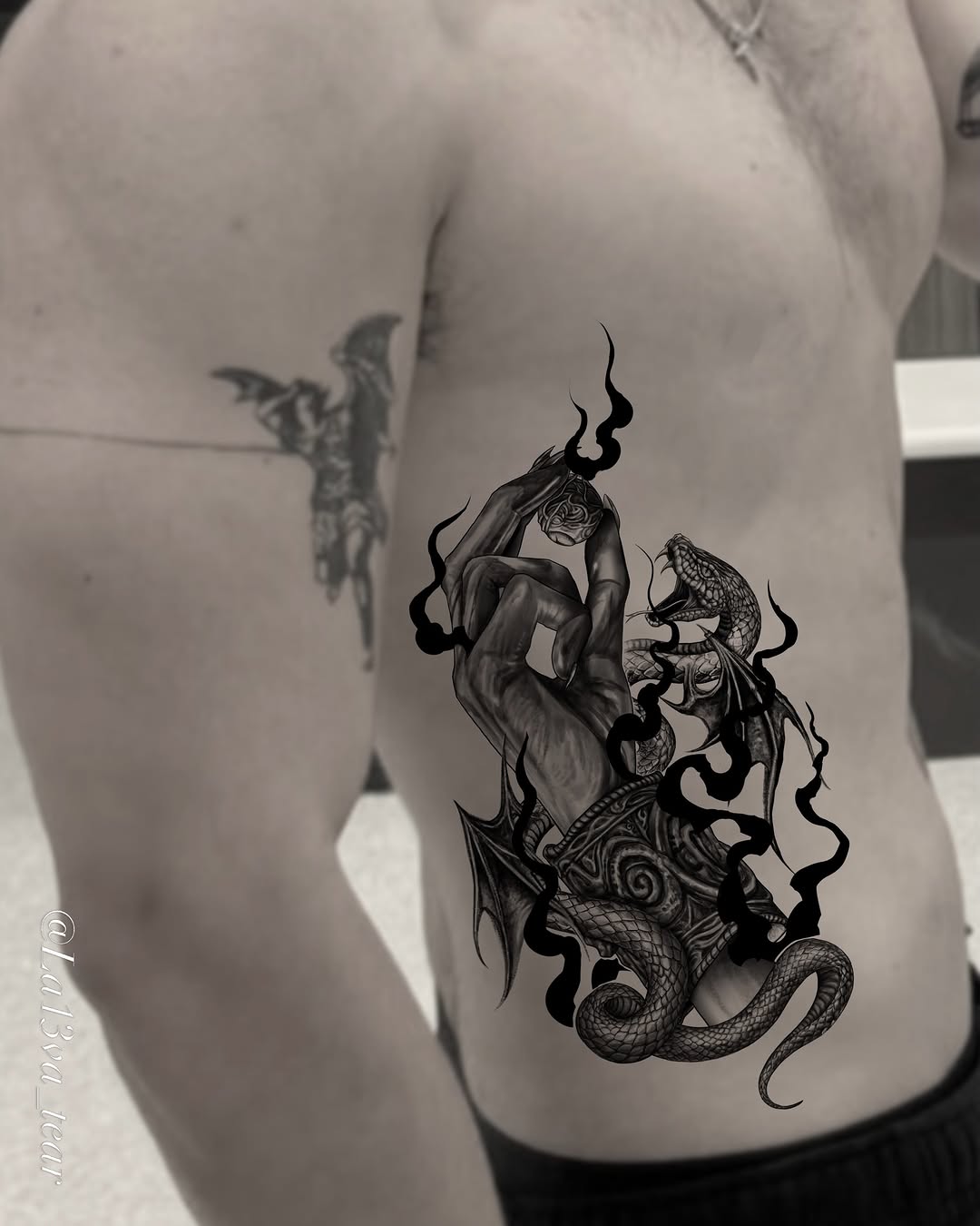 Tattoo by @la13va_tear โ black_and_grey, dark_realism