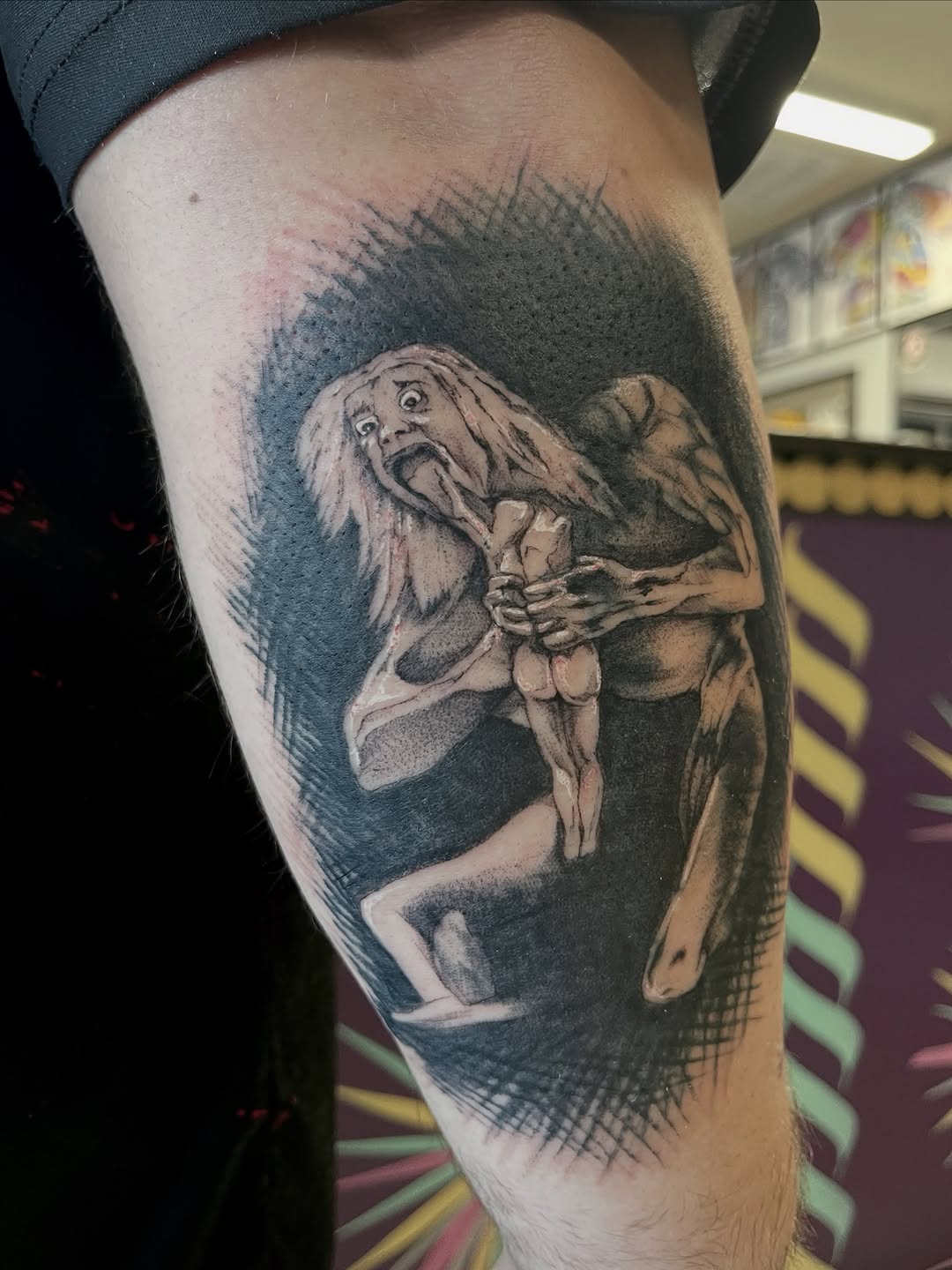 Tattoo by @pineneedlestattoo — dark_realism, black_and_grey