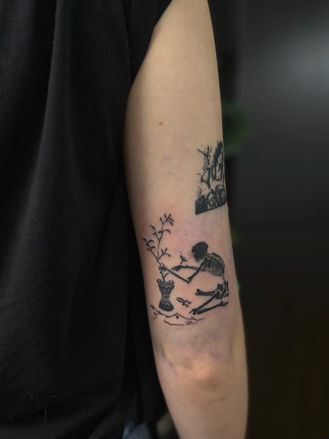 Tattoo by @poke.muse — illustrative, blackwork