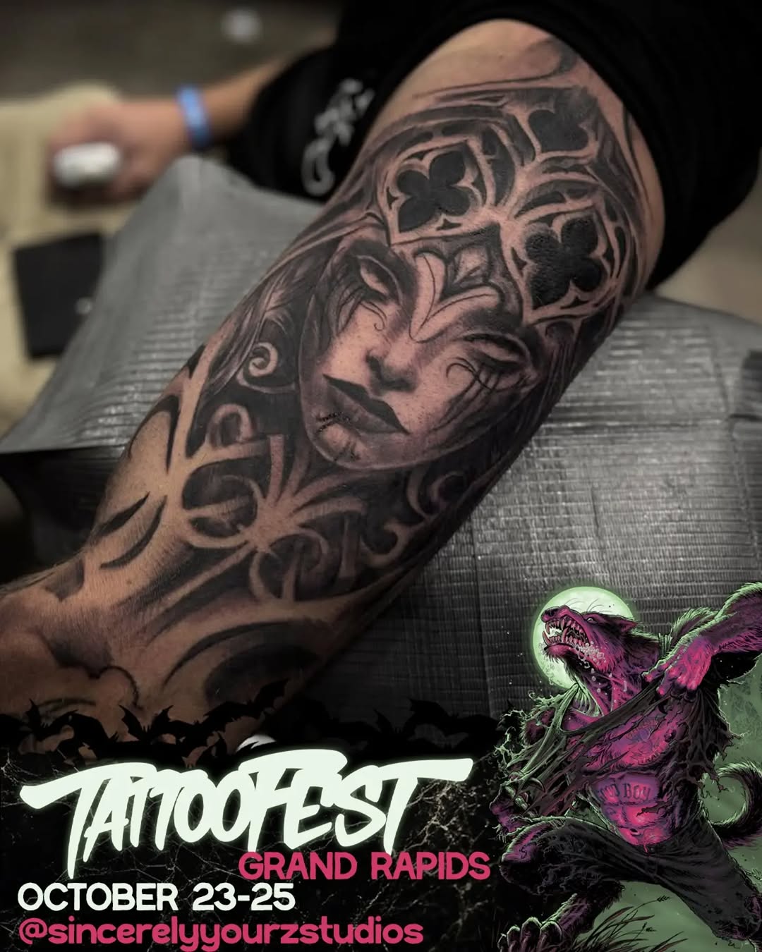 Tattoo by @sincerelyyourzstudios — black_and_grey, dark_realism