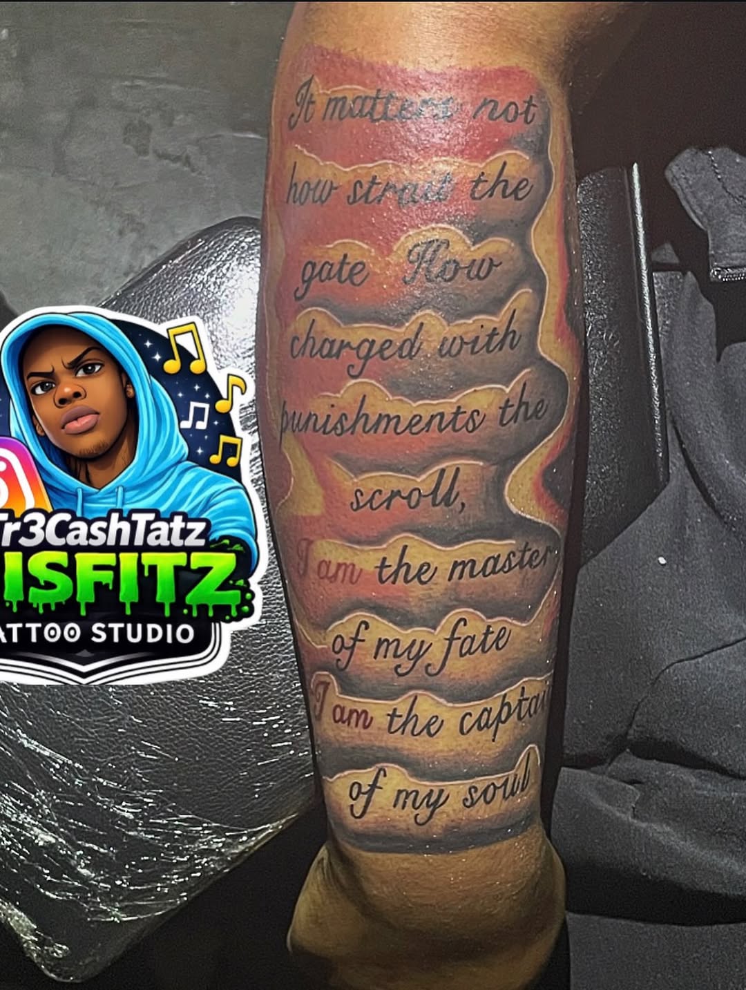 Tattoo by @tr3cashtats — lettering_script, illustrative