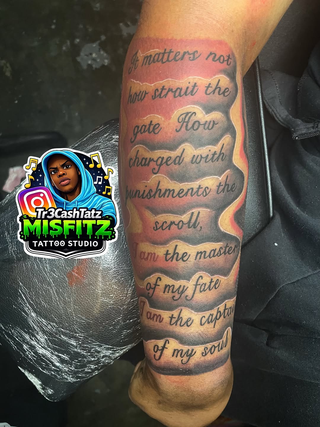 Tattoo by @tr3cashtats — lettering_script, illustrative