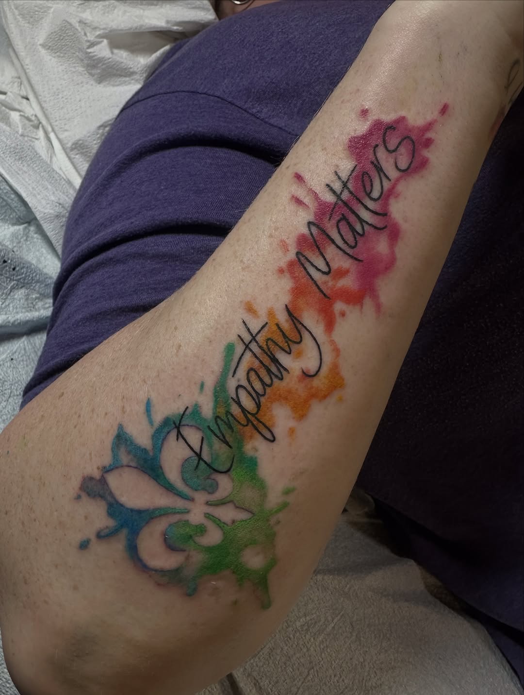 Tattoo by @wolfkieltattoos — lettering_script, watercolor