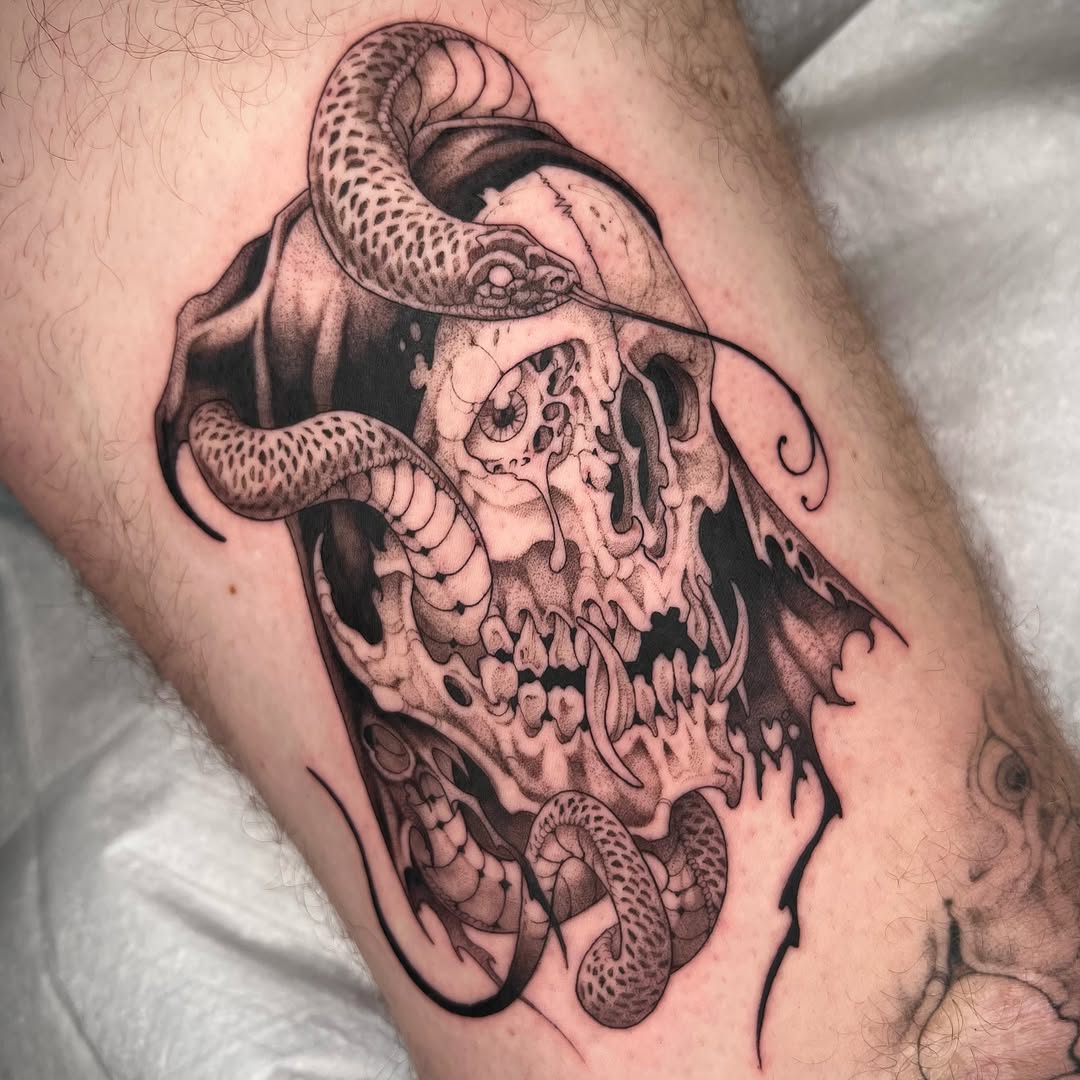 Tattoo by @revoltingworship — black_and_grey, dark_realism