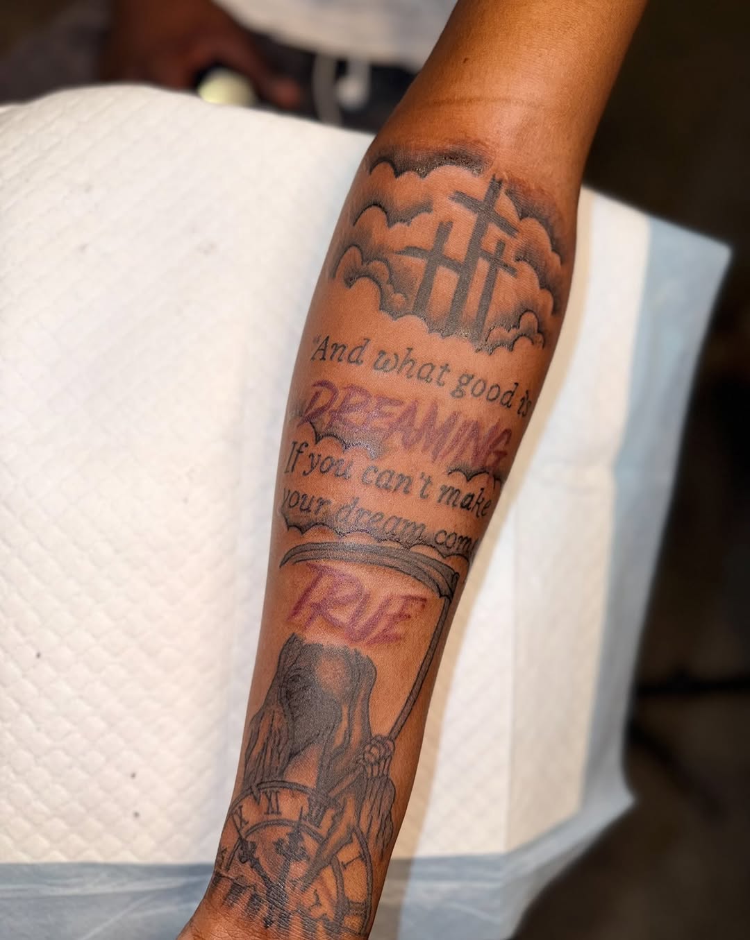 Tattoo by @inkedbyaneye — lettering_script, illustrative
