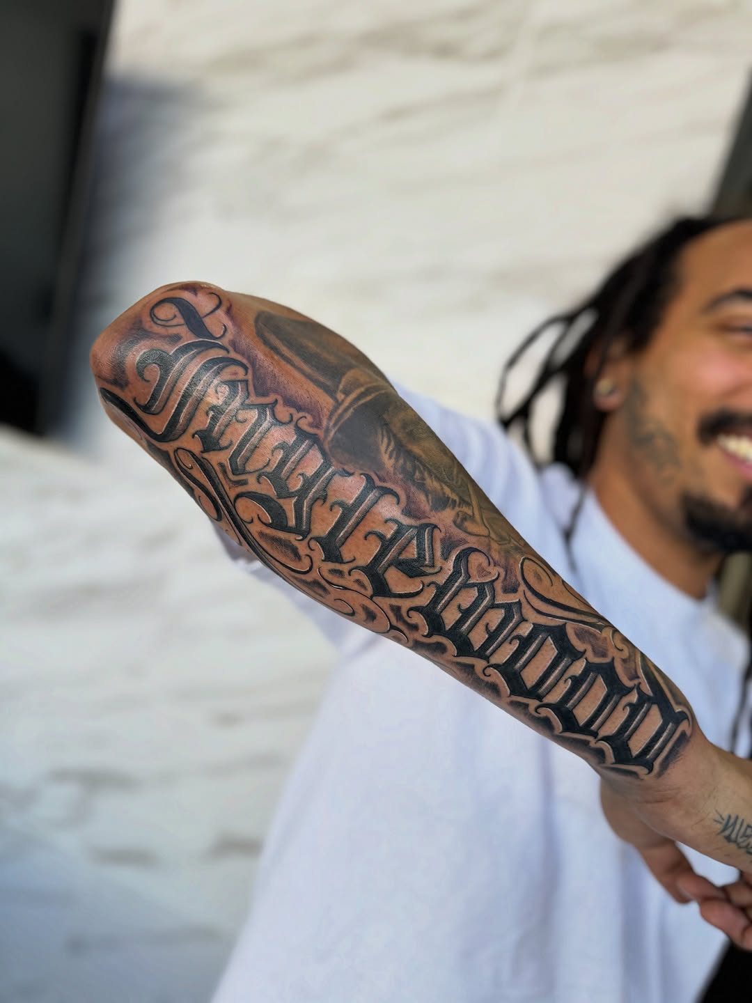 Tattoo by @samg_tat2s — lettering_script, black_and_grey