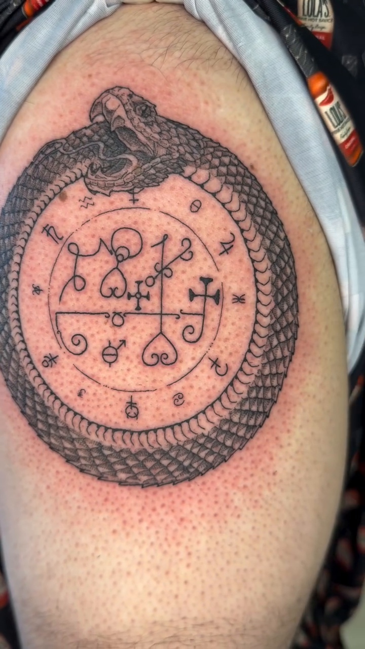 Tattoo by @thewolfmantattoos — blackwork, illustrative