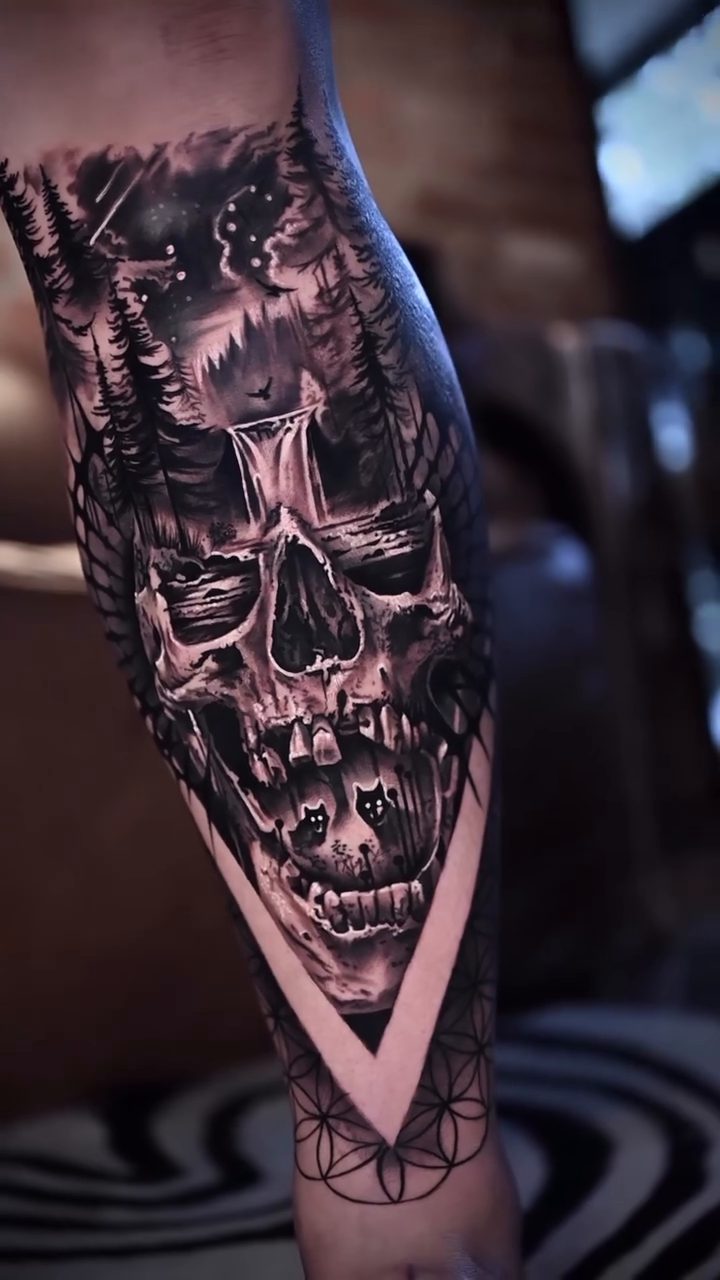 Tattoo by @sue_monsta — dark_realism, black_and_grey