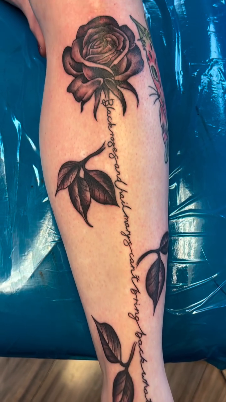 Tattoo by @wildwitchcraft โ black_and_grey, lettering_script