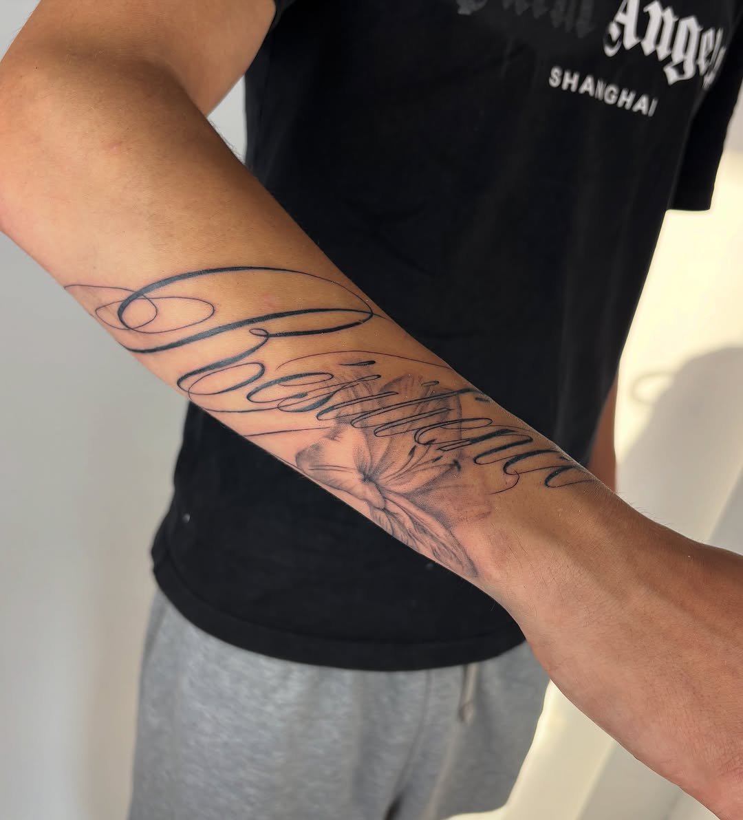 Tattoo by @shortkingtattoo β lettering_script, black_and_grey