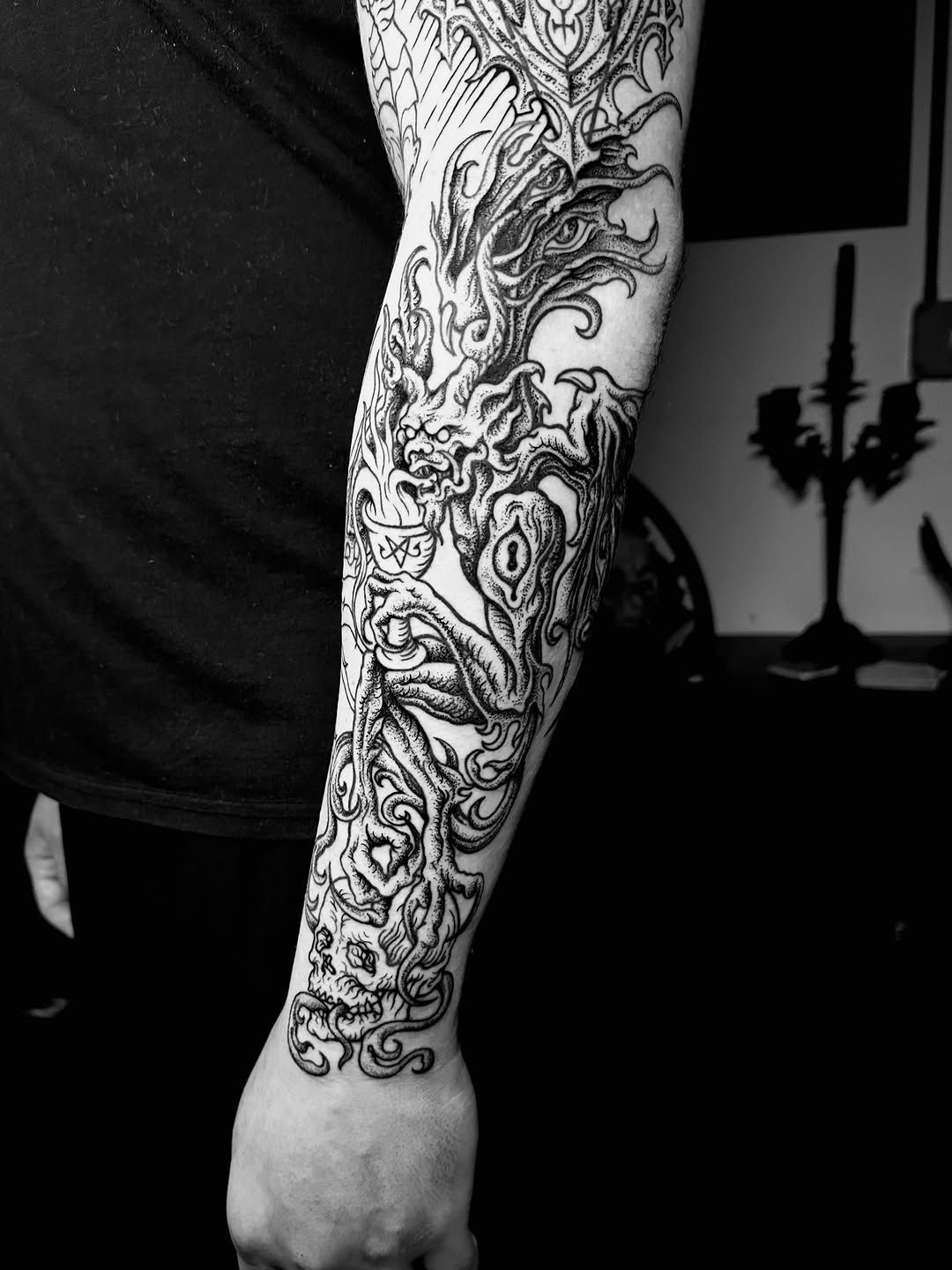 Tattoo by @sashawoland β black_and_grey, dark_realism