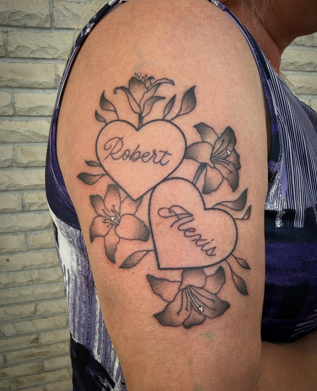 Tattoo by @stabbyroseink — black_and_grey, lettering_script