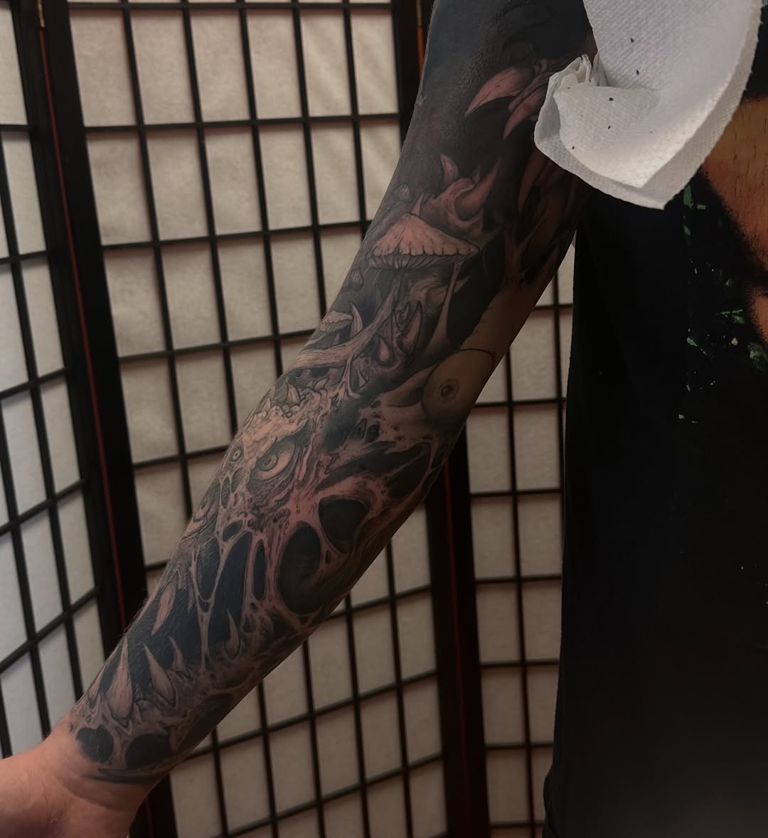 Tattoo by @carnivorousfx — black_and_grey, dark_realism
