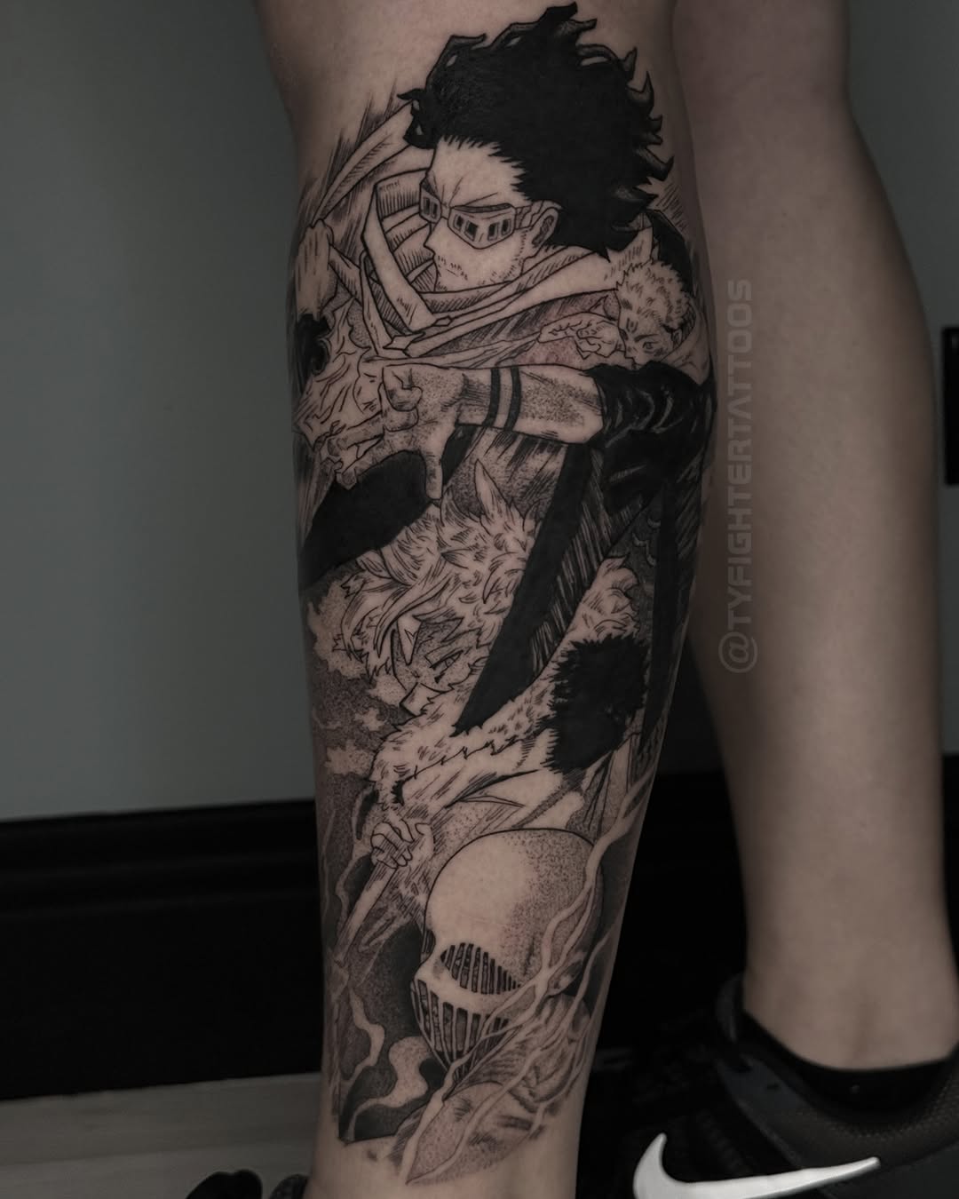 Tattoo by @tyfightertattoos — anime, black_and_grey