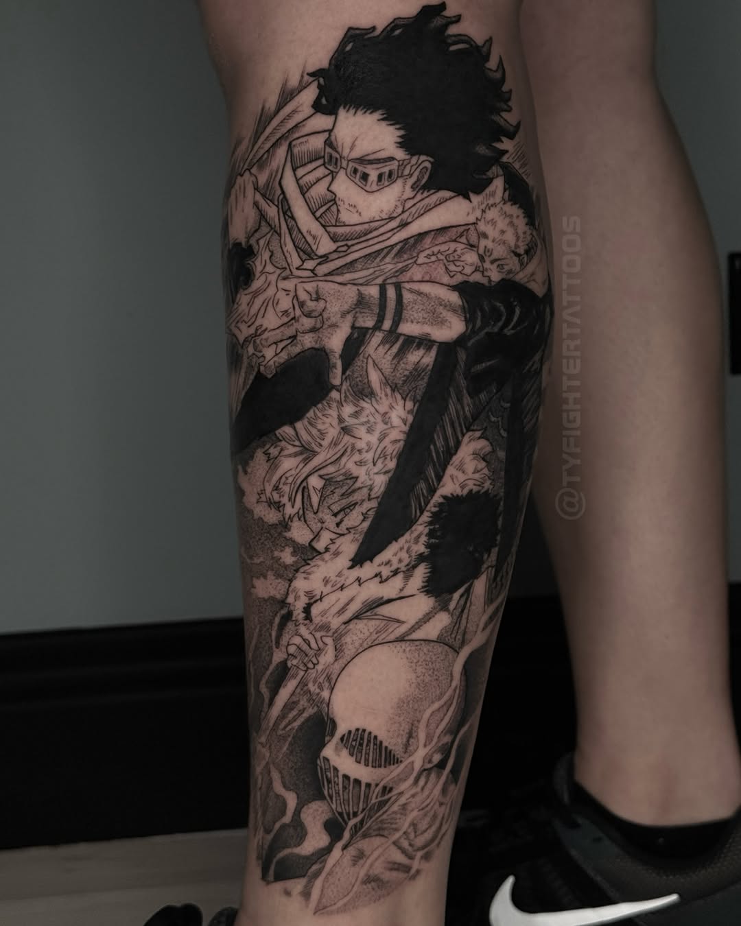 Tattoo by @tyfightertattoos — anime, black_and_grey
