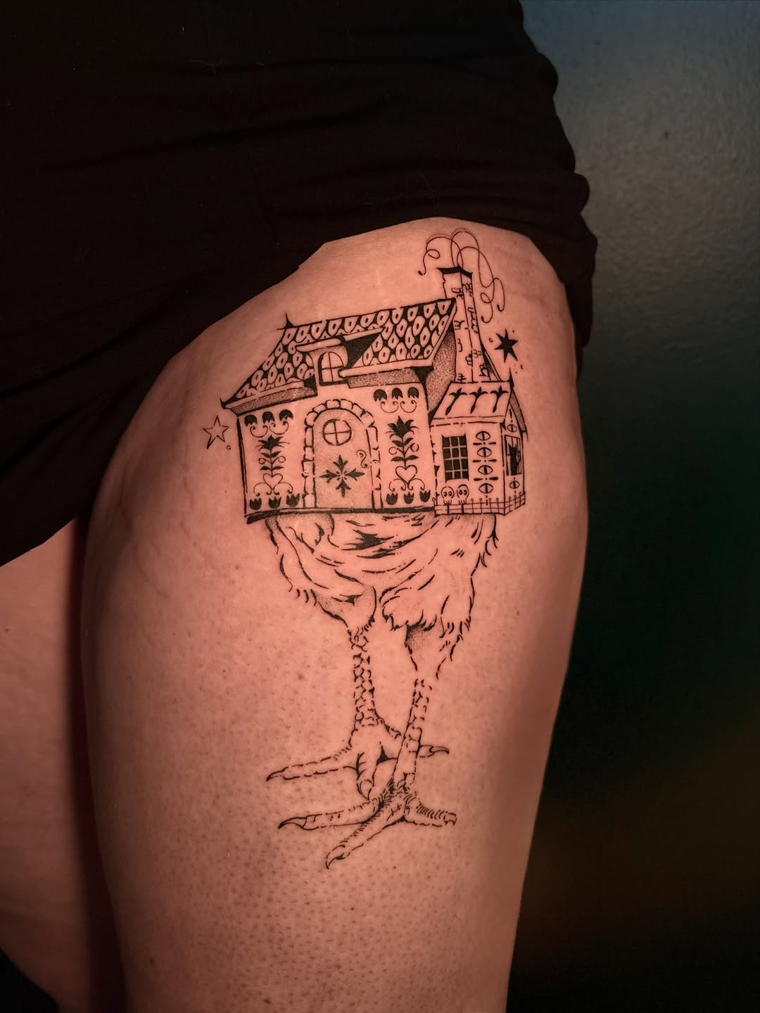 Tattoo by @juniperinkk — illustrative, blackwork