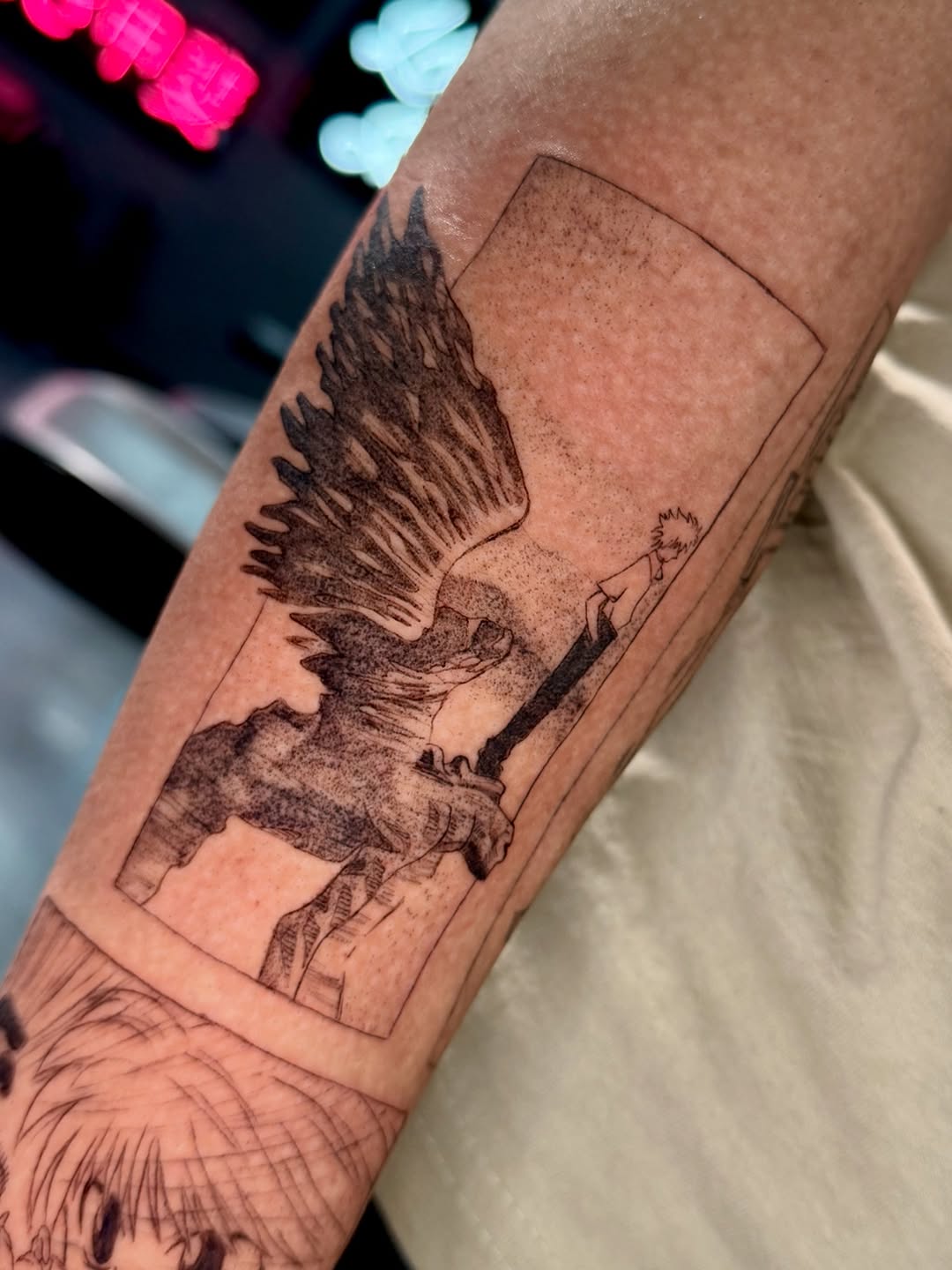 Tattoo by @keybluetattoo — anime, black_and_grey