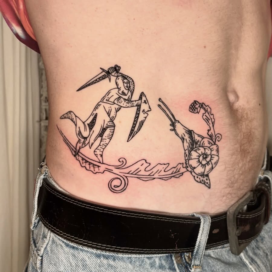 Tattoo by @threethornstattoo — illustrative, blackwork