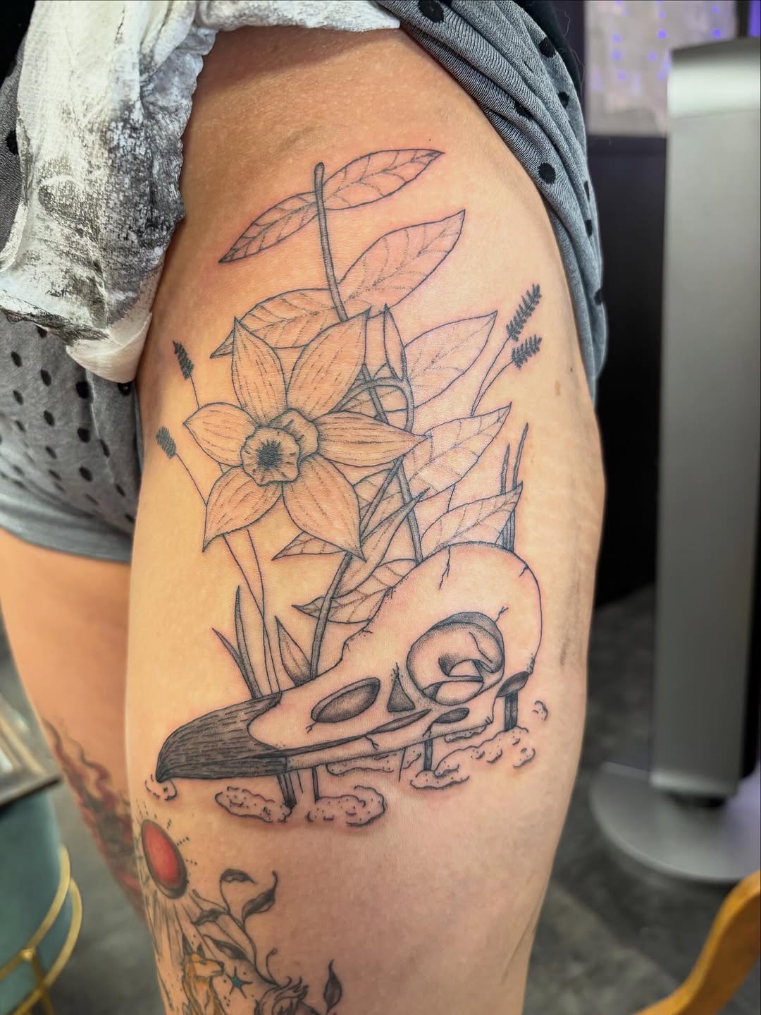 Tattoo by @inked_by_em — illustrative, black_and_grey