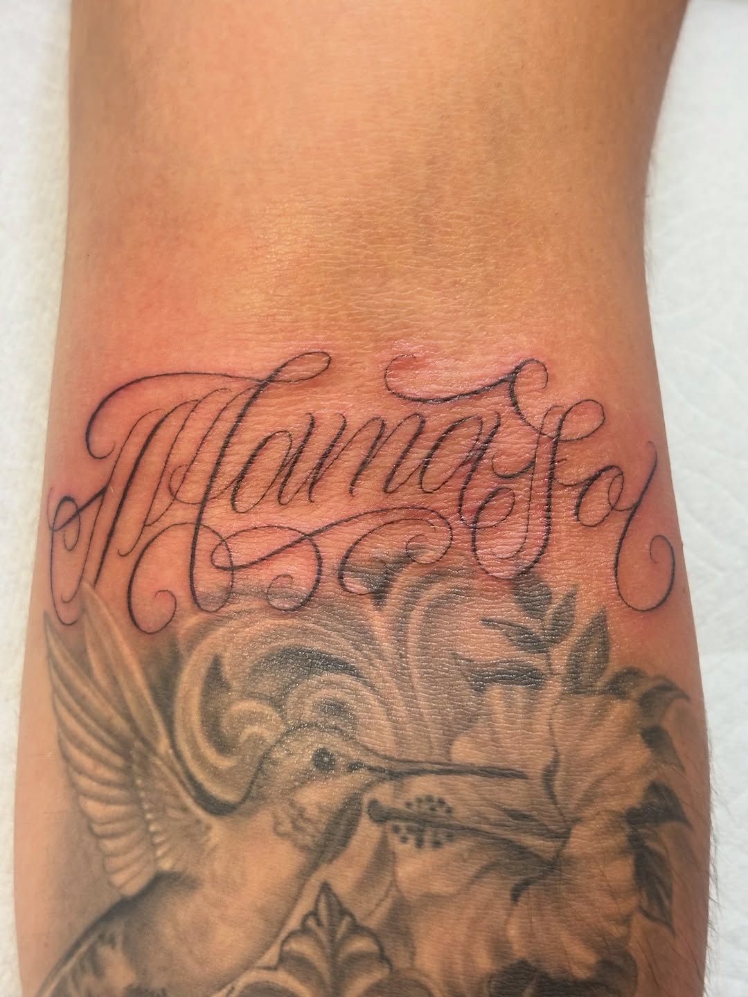Tattoo by @t4no_one — lettering_script, black_and_grey