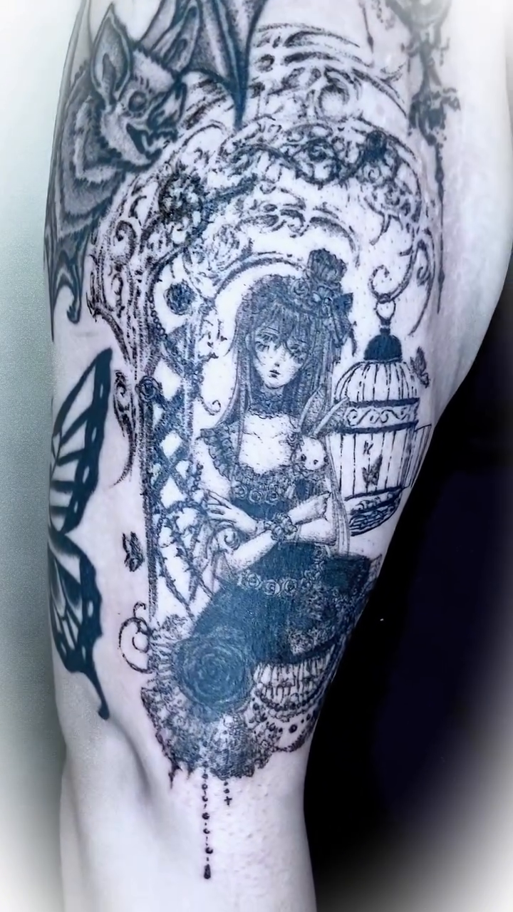 Tattoo by @friedraven_tattoo β black_and_grey, dark_realism