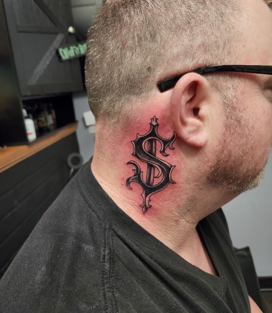 Tattoo by @ladymonsterfacetattoos — lettering_script, blackwork