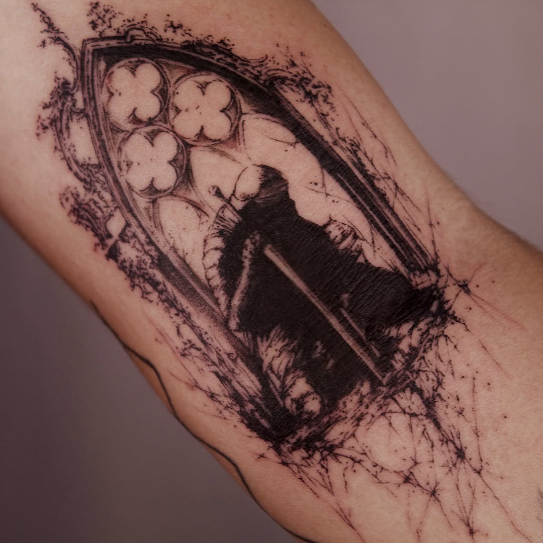 Tattoo by @grimsaintt — blackwork, illustrative