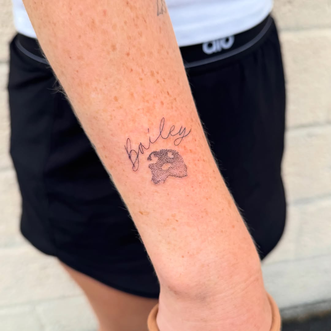 Tattoo by @madisonpaigedavenport — lettering_script, dotwork