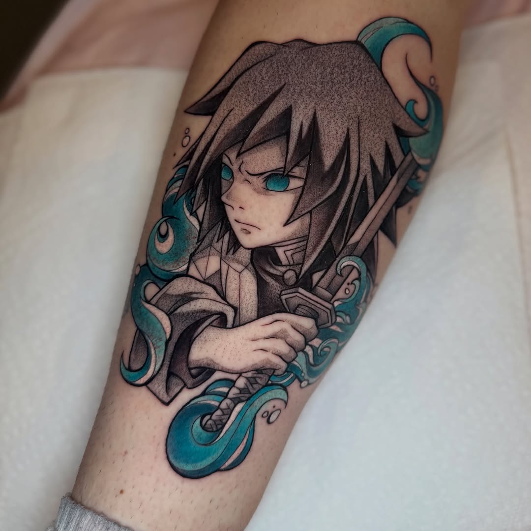 Tattoo by @sinful.tatts — anime, black_and_grey