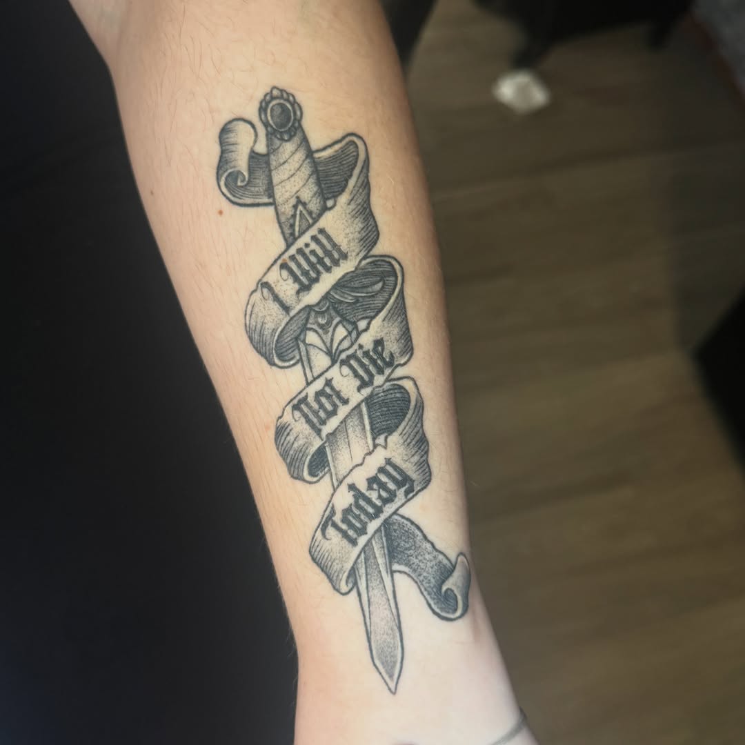 Tattoo by @sinful.tatts — lettering_script, black_and_grey