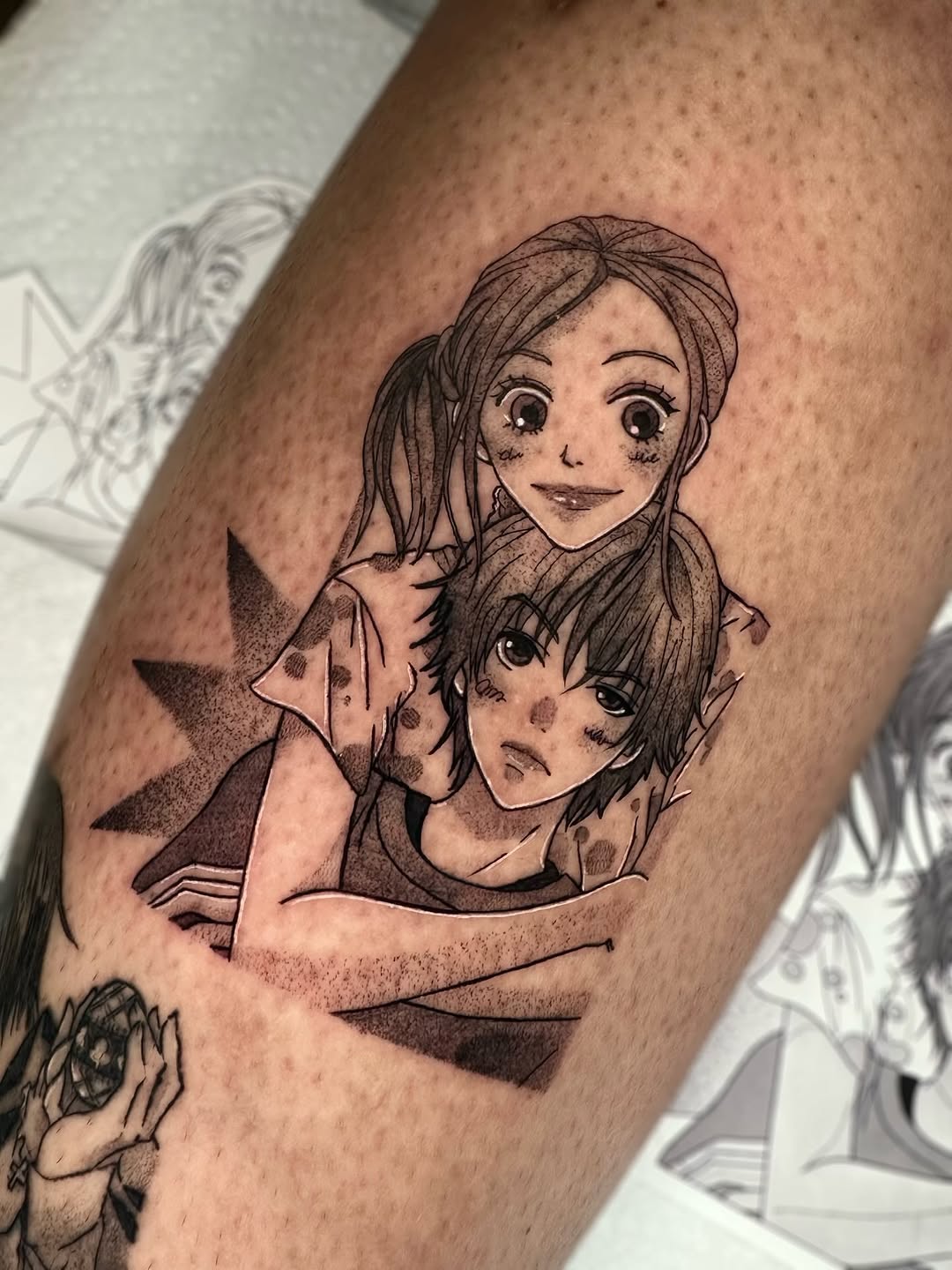 Tattoo by @kkimnida โ anime, black_and_grey