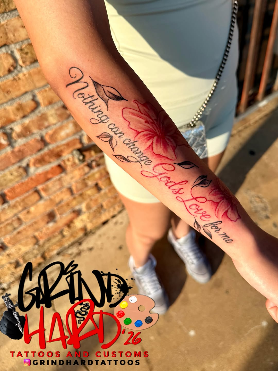 Tattoo by @grindhard_tattoos — lettering_script, illustrative
