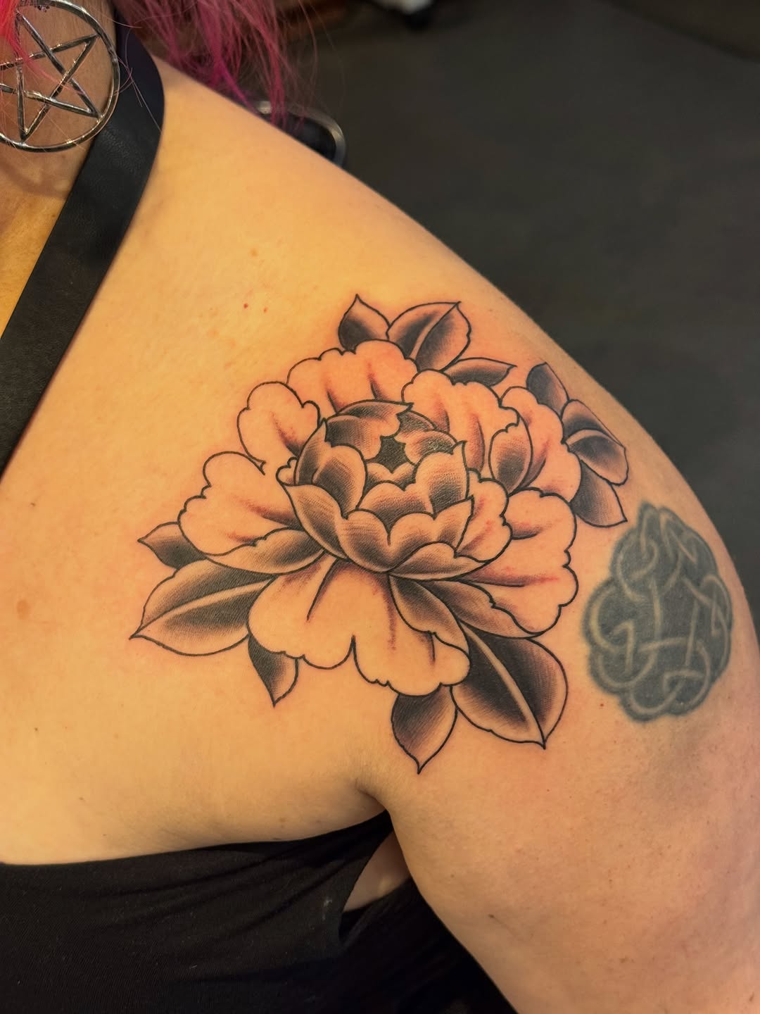 Tattoo by @thepinkmanther — japanese_irezumi, black_and_grey