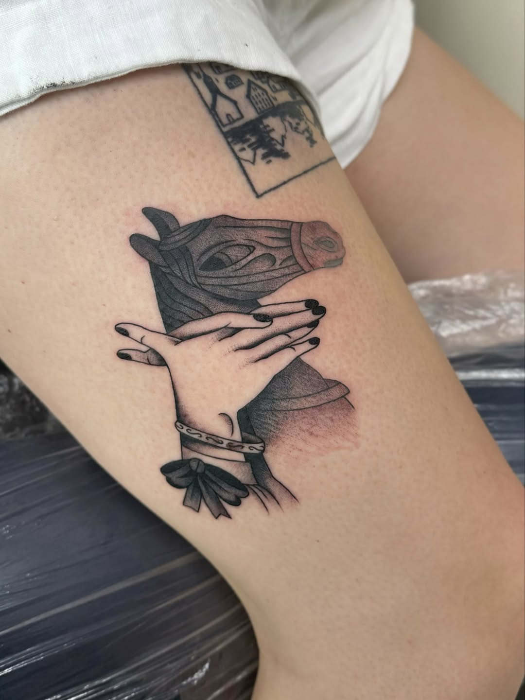 Tattoo by @tina_b_draws — black_and_grey, dark_realism