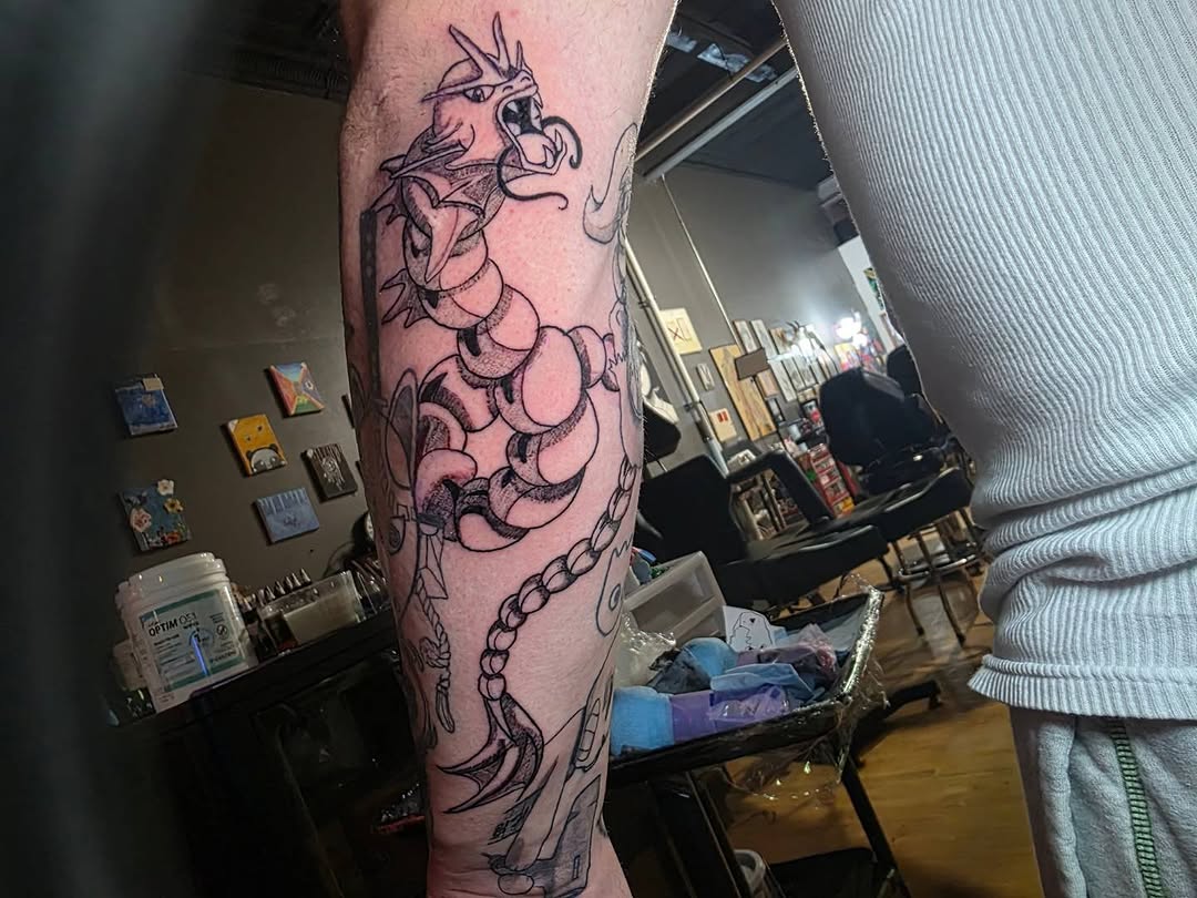 Tattoo by @bearthedemo — anime, black_and_grey