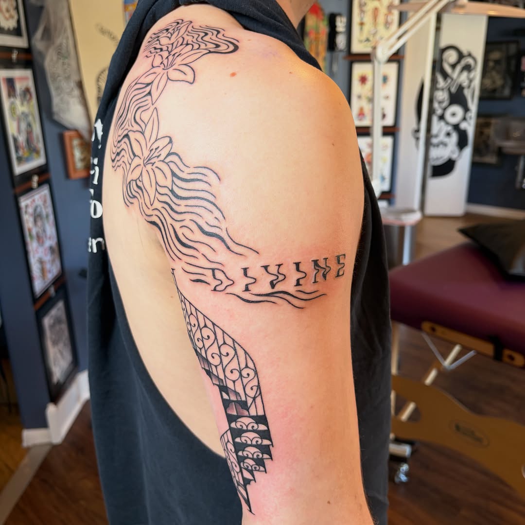 Tattoo by @caitberries — lettering_script, blackwork