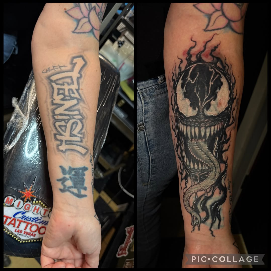 Tattoo by @mighty1one — illustrative, blackwork
