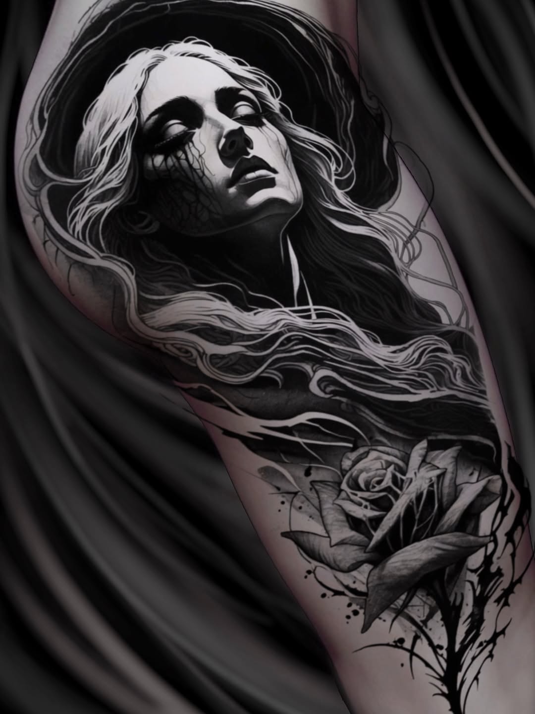 Tattoo by @austin_megallon — black_and_grey, dark_realism